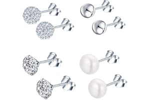 Epoch World 4 pary srebrnych kolczyków na sztyfcie, srebro wysokiej próby 925, kolczyki perłowe, kulkowe, cyrkonia, srebrne kolczyki dla kobiet i dziewcząt