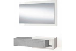 HOMN LIVING Recibidor Moon con 1 cajón y Espejo Color Cemento/Blanco, Mueble de Entrada, 95 cm (Ancho) 26 cm (Profundo) 19 cm (Altura)