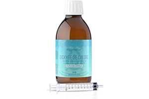 DIOXNATUR® Dioxyde de chlore 3000 ppm CDS 250 ml. Seringue de 10 ml incluse. Étiquette FR. Bouteille en verre ambré avec compte-gouttes
