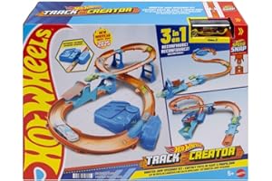 Hot Wheels Track Creator Tor wyścigowy Super skok Zestaw deluxe z przyspieszaczem z napędem + samochód do zabawy w skali 1:64; tor Speed Snap Szybki klik, zabawka dla dzieci 5+, JDB49