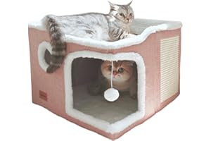 Spindro Grand lit pour Chat d'intérieur, Niche Pliable pour Chat, Maison Cube avec Tapis à griffer, Lit Moderne pour Chien avec Coussin Doux Lavable, 43x43x33cm,Rose