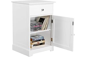 Yaheetech White Bedside Table with Cupboard, Modern Bedside Cabinet with Lid & Drawer, Wooden Side Table End Table Storage Unit for Living Room/Bedroom/Hallway/Office