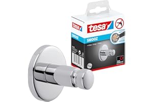 tesa SMOOZ Klebehaken, verchromt, runde Form - Bad-Haken zur Wandbefestigung ohne Bohren, inkl. Klebelösung - 37 mm x 37 mm x 37 mm