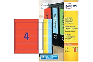 Avery L7171A-20 samoprzylepne różne kolory etykiety do segregatorów dźwigniowych, 4 etykiety na arkusz A4, 80 etykiet w opakowaniu