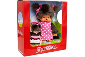 Sekiguchi 254930 - Original Monchhichi Mutter mit Kind im Kinderwagen, Plüschfigur mit Pünktchenkleid und zwei Zöpfen mit pinker Schleife, ca. 20 cm großes Kuscheltier aus braunem Plüsch