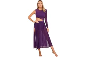 ranrann Femme Robe Danse Classique Manches Asymétrique Robe Danse Latine Salsa Salon Rumba Justaucorps Ballet Tenue Danse Contemporaine Dancewear S-XXL
