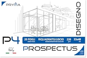 Pryma P4 Album da Disegno A3 – 20 Fogli 220 g/m² – Carta Bianca Spessa per Schizzi, Disegni Tecnici, Matite e Acquerello – Formato 33x48 cm (Fogli Lisci Riquadrati)