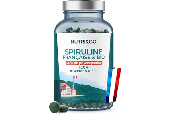 NUTRI & CO Spiruline BIO 100% Française - Cultivée en Provence - 20% de Phycocyanine - Riche en Protéines Vitamine B12 & Antioxydant - 120 comprimés de 500 mg Vegan Sans Excipients