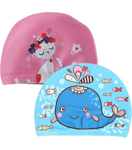 2 Bonnets De Bain Enfant RosyFate - Tissu Polyester - Motifs Dessin Animé - Élastique Et Confortable - Pour Piscine
