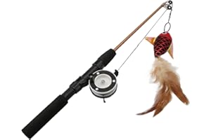 Kufoo Canne à Pêche en Forme de Poisson Réaliste pour Chat - Conception Rétractable, Jouet à Mâcher (Poisson Rouge + Canne à Pêche)