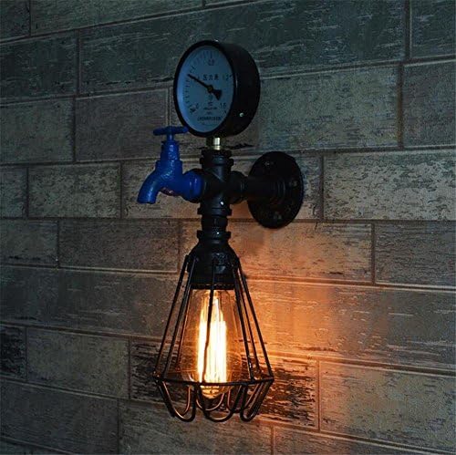 Miffen Vintage Industrial Wall Lamp Wall Sconce with Wrought Iron Metal Lampshade Wall Light for Bedroom Bedside Hallway Bar Cafe Restaurant Staircase Water Pipes Wall Lamp Blue Faucet Decoration E27 Socket