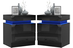 Lvhcmfohm Nachttisch Schwarz 2er Set, Nachtschrank mit Led Licht, Nachtkommode mit 2 Schubladen und Schränke mit Klappdeckel für Wohnzimmer, Schlafzimmer (45x35x52cm)