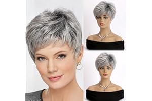 AUBWIG Parrucche corte miste grigio argento parrucche naturali leggermente ricci capelli soffici pixie cut parrucche con frangia capelli sintetici parrucche a strati resistenti