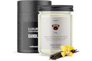 Pug Candle - 220g Soy Wax with Madagascan Vanilla, Jasmine & Sugared Almond - Pug Gift for Christmas or Birthday - Dog Lover Candles by Makester
