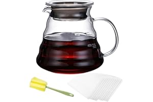 ZIGefofo Cafetera de Vidrio 600ml con 100 Hojas V01 Filtro de Papel y 1 Cepillo de Esponja Jarra de Café Transparente con Tapa Cafetera y Tetera 2 en 1 para Casa Cafetería Restaurante Camping