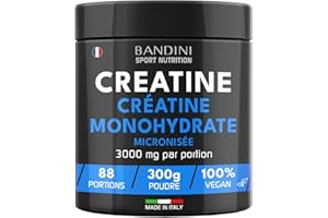 Bandini® Créatine Monohydrate en Poudre 100% Pure pour Augmenter la Performance et la Puissance Musculaire, Creatin non aromatisé, 88 Portions, 300 g, Micronised Creatine Powder, soluble et vegan