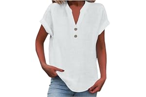Nuoke Chemise Femme Coton Et Lin Chemisier élégant à col en V pour Femme Tunique T-Shirt décontracté à Manches Courtes et col Hauts pour été Femmes Grande Taille Chemises Tee