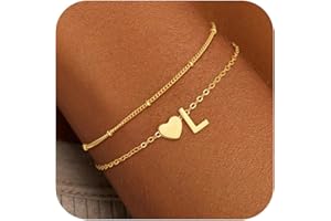 SLOONG Women's Silver Gold Bracelet, 18K Gold/Silver Gold-Plated Heart Bracelet with Letters, Personalised Layered Bracelets, Adjustable Bracelet, Gold Jewellery, Gifts for Women, Girlfriend, Girls