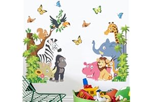 Runtoo Adesivi Murali Animali Giungla Adesivi da Parete Elefante Scimmia Giraffa Decorazioni Muro Porta Armadi Soggiorno Cameretta Neonato Bambini