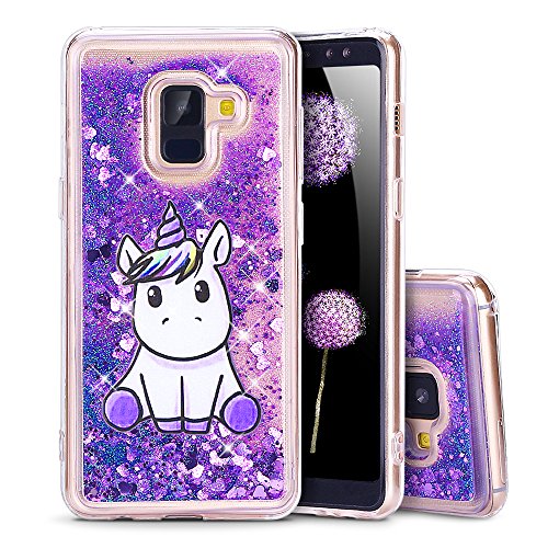 Cover per Samsung A8 2018 Custodia, Moevn Unicorno 3D Glitter Liquido Trasparente Sabbie Mobili Morbida TPU Silicone Bling Sparkle Quicksand Antigraffio Antiurto Protezione Case per Samsung Galaxy A8 2018 Smartphone (Viola)