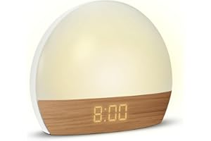 mooov 477356 Réveil simulateur d'aube Lumiere Progressive sur Secteur - Luminothérapie Eclairage Blanc ou Couleur - Charge Port USB-A - Effet Naturel Bois