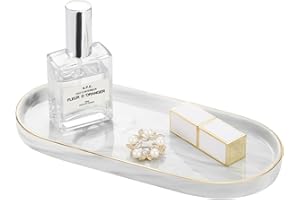 Luxspire Bandeja de Cerámica de Mármol, Bandeja Decorativa para Almanecer Joyas, Bandeja Elíptica con Bordes Dorados para Baño, Mesa, Perfume - Mármol Blanco