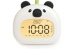 IHALO Mignon Réveil Enfant Réveil de Chevet avec Panda Veilleuse Écran LED Numérique 3,15 Pouces Trois Alarmes Mode Week-End Date Heure Température Rechargeable Décoration pour Chambre de Bébé