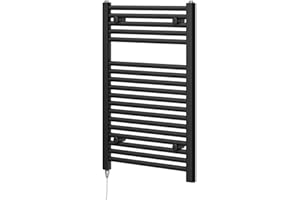 GO BATHROOMS Newark Matt Black Electric Heated Towel Rail Wall Mounted Slim Ladder Design Bathroom Radiator - 770mm x 500mm