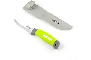 Bikain Cuchillo de Monte Multiusos de 21cm - Hoja de Acero Inox de 10 cm - Mango Engomado - Incluye Funda de Cuero en Color Pistacho - Ideal para Jardinería