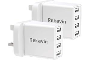 REKAVIN USB Plug Charger,2 Pack 4 Port Multi USB Plug Adapter UK 25W/5A Wall Charger Mains with Smart IC Fast Charging for iPhone 11 pro Max XS XR X SE2020 10 8 7 6 ipad,Samsung S10 S9 S8 S7,Huawei