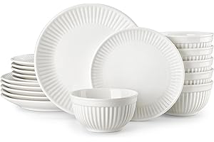 MALACASA 18-Piece Embossed Porcelain Dinner Set for 6, Includes Dinner Plates & Soup Bowls, Chip and Scratch Resistant, Microwave and Dishwasher Safe, Elegant White, Series Leila