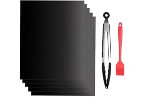 GOFRIEND BBQ Grill Mat Set of 5, Non-stick Barbecue Grill & Baking Mats for Baking on Gas, Charcoal, Oven and Electric Grills - Reusable - Free 12" BBQ Tongs and Silicone Brush