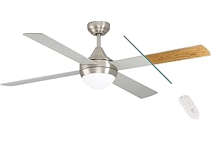 ‎EGLO EGLO Deckenventilator VARADERO, 4 Flügel Ventilator mit Licht, Wendeflügel aus MDF in Silber oder Eiche, Gehäuse aus Stahl in Nickel-Matt, Fernbedienung, Timer, Sommer Winter Betrieb, AC Motor,Ø 122cm