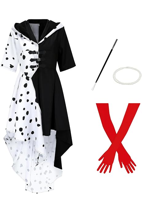 Costume Bambina Crudelia Deville Per Halloween, Carnevale E Festa, Set Completo Con Parrucca E Accessori, Taglie 130-150