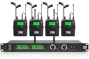 XTUGA RW2090 Wireless in Ear Monitor System, Mono IEM Monitoring with Dual Channel 2 * 100 Frequencies, 230ft(70m) Operation, Bluetooth Earphone Fit for Stage, Studio and Band (4 Bodypacks)
