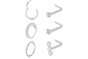 LAURITAMI 6 Pezzi 20G Piercing Naso Acciaio Inossidabile,Cerchio Anello Septum Clicker 8mm 10mm e L Forma Vite Forma Piercing Naso Oro Argento Brillantino Con Zirconi Gioielli per Donne Uomini