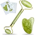 Gnker Jade Roller and Gua Sha Set for Beautiful Skin Detox - Facial Body Eyes Neck Massager Tool Reduce Wrinkles Aging - Original Natural Jade Stone (Jade Roller & Gua Sha)