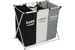 Kamiya Panier à Linge 3 Compartiments, Grand Pliable Paniere a Linge Sale avec Poignée en Tissu pour Salle de Bain, Blanchisserie, Maison 65.5x39.5x60cm (Gris/Blanc/Noir) (A)