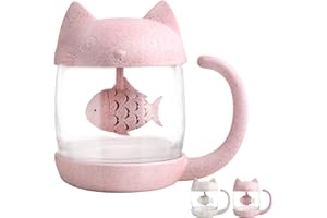 BIGNOSEDEER Tazza gatto da tè in vetro con filtro infusore a forma di pesce, 250ML (8OZ)