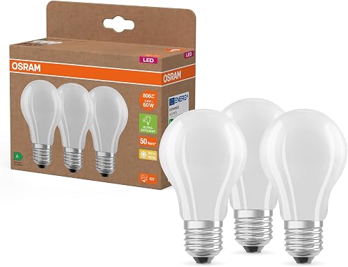 Osram High Efficiency LED Bulbs with Energy Efficiency Class A, Value Pack of 3 Bulbs, Replaces Conventional 60 W Bulbs, Pear Shape, Warm White (2700 K), E27, Matte Glass