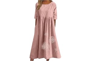 Zeiayuas Cotton Linen Dresses for Women T Shirts Summer Midi Dress Short Sleeve Round Neck Long Dress Ladies Beach Loose Solid Color Casual Dresses UK Plus Size 8-22
