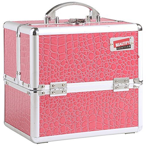 Beautify Professional Small Faux Pink Crocodile Patterned Aluminium Beauty Cosmetics & Make Up Case