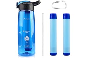 Gourde Filtrante Eau non Potable pour Randonné Camping Voyage +2 Paille Filtre Survie 3étapes au Charbon Actif Kit Purificate