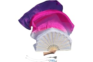 Winged Sirenny Spinning Belly Dance Long Fan Pois 59" (150 cm) Pairs, Adjustable Real Silk Fan Veils (white-pink-purple)