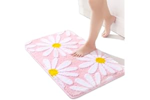 QJHOMO Pink Bath Mat White Flower Rug 40 x 60 cm, Non Slip Bath Mats for Bathroom, Soft Microfiber Bathroom Mat, Machine Washable Rug Durable Bathmat, Super Absorbent Floor Mat for Shower