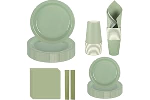 CEILIWEN - Set di stoviglie per feste, 250 pezzi, verde salvia, include piatto di carta da 22,8 cm, piatto da dessert da 17,8 cm, tovaglioli, tazze, cannucce, per 50 ospiti