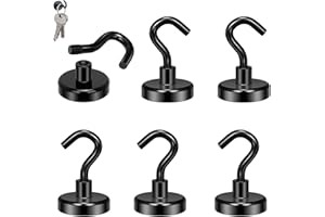 HUAMIRRA Magnetic Hooks, Pack of 6 Magnetic Hooks, 20 mm Neodymium Magnets with Hooks, Magnetic Hooks, Adhesive Force, for Iron Doors, Refrigerators, Kitchen, Clothes Rack, Office, Magnetic Hooks, Black