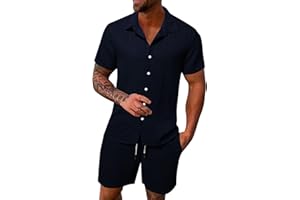 DFEK Mens Cotton Linen Shirt and Shorts Sets UK Tracksuit Set Summer Co Ord Set Short Sleeve Button Down Shirts & Shorts with Pockets 2 Piece Outfits Vacation Beach Suits