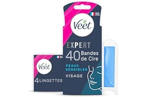 Veet EXPERT - 40 Bandes de Cire Froide Visage - Peaux Sensibles - Finition Parfaite - Epilation Longue Durée