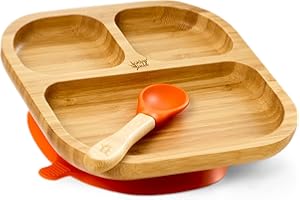 bambuswald© Vaisselle pour enfants avec ventouse et cuillère | Assiette enfant en bambou 3 subdivisions - solide comme le roc ! Pour bébé Ensemble de petit-déjeuner assiette à ventouse alimentation